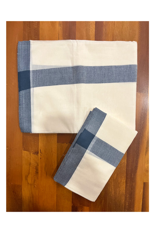 Kerala Mulloth Cotton Single Mundum Neriyathum with Bluish Grey Border 2.80 Mtrs (Extra Soft Cotton)