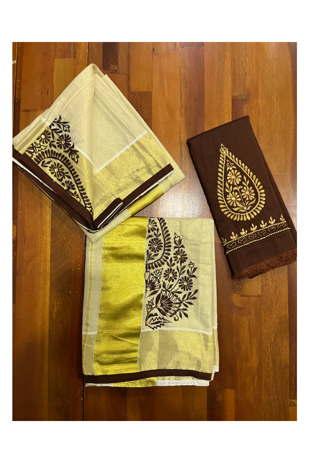 Kerala Tissue Kasavu Set Mundu (Mundum Neriyathum) with Handwork Embroidery Design and Brown Blouse Piece