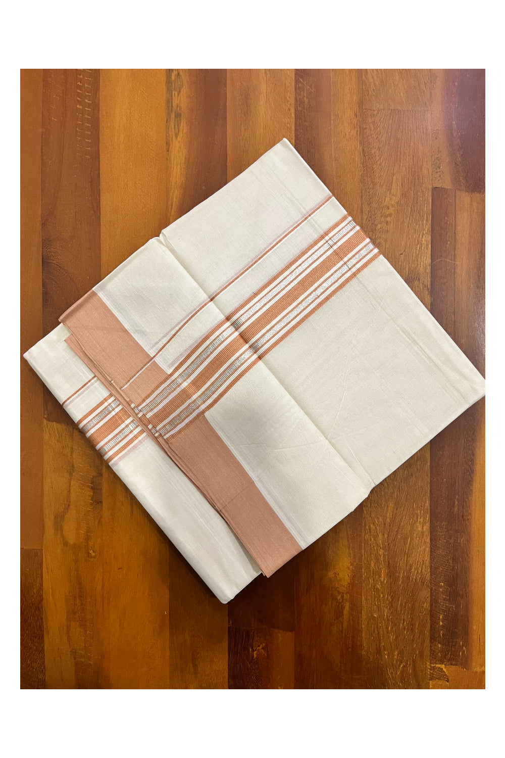 Kerala Pure Cotton Double Mundu with Silver Kasavu and Light Brown Border (Vishu 2024 Collection)