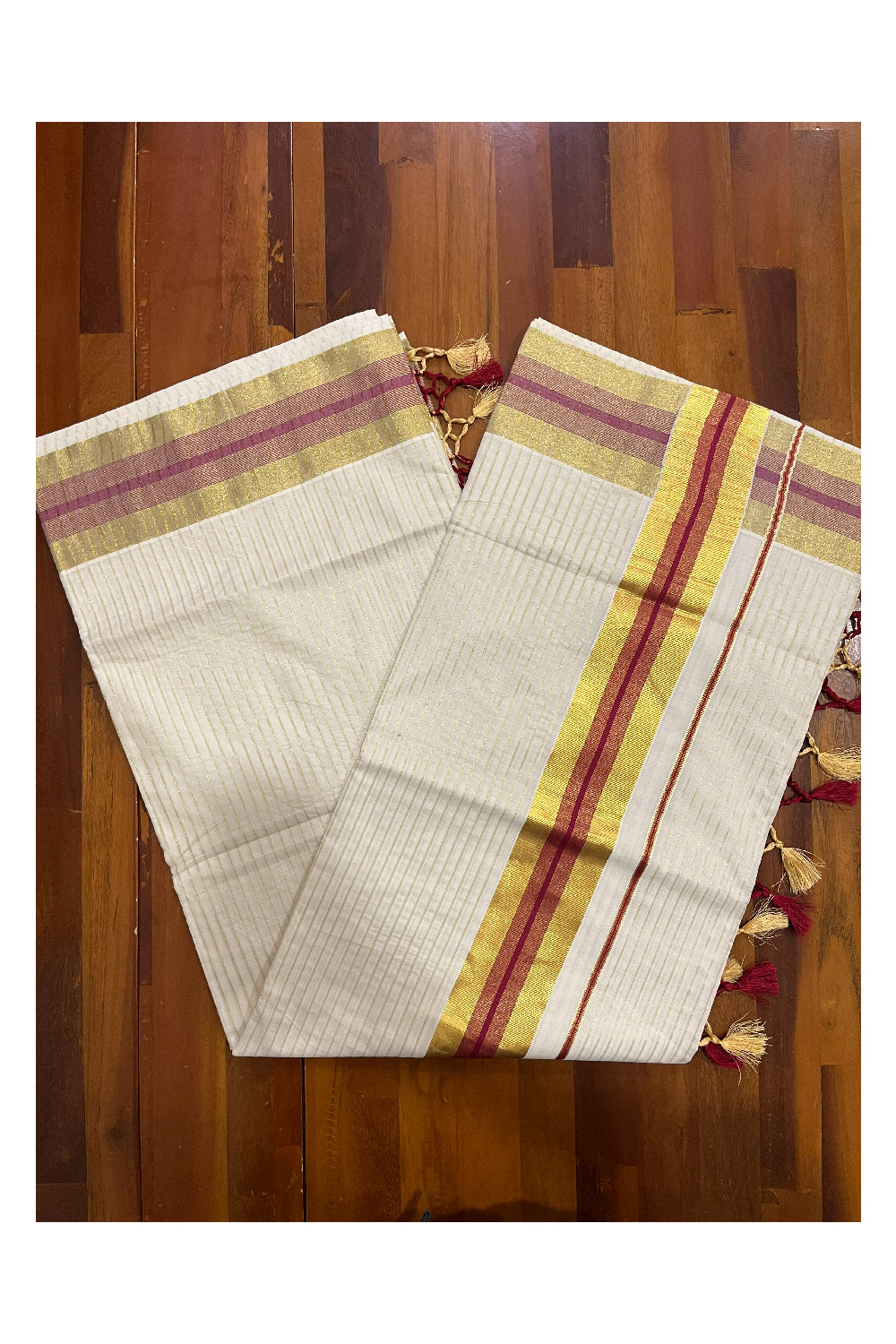 Pure Cotton Kerala Kasavu Lines Design Saree with Maroon Border and Tassels Work (Onam Saree 2023)