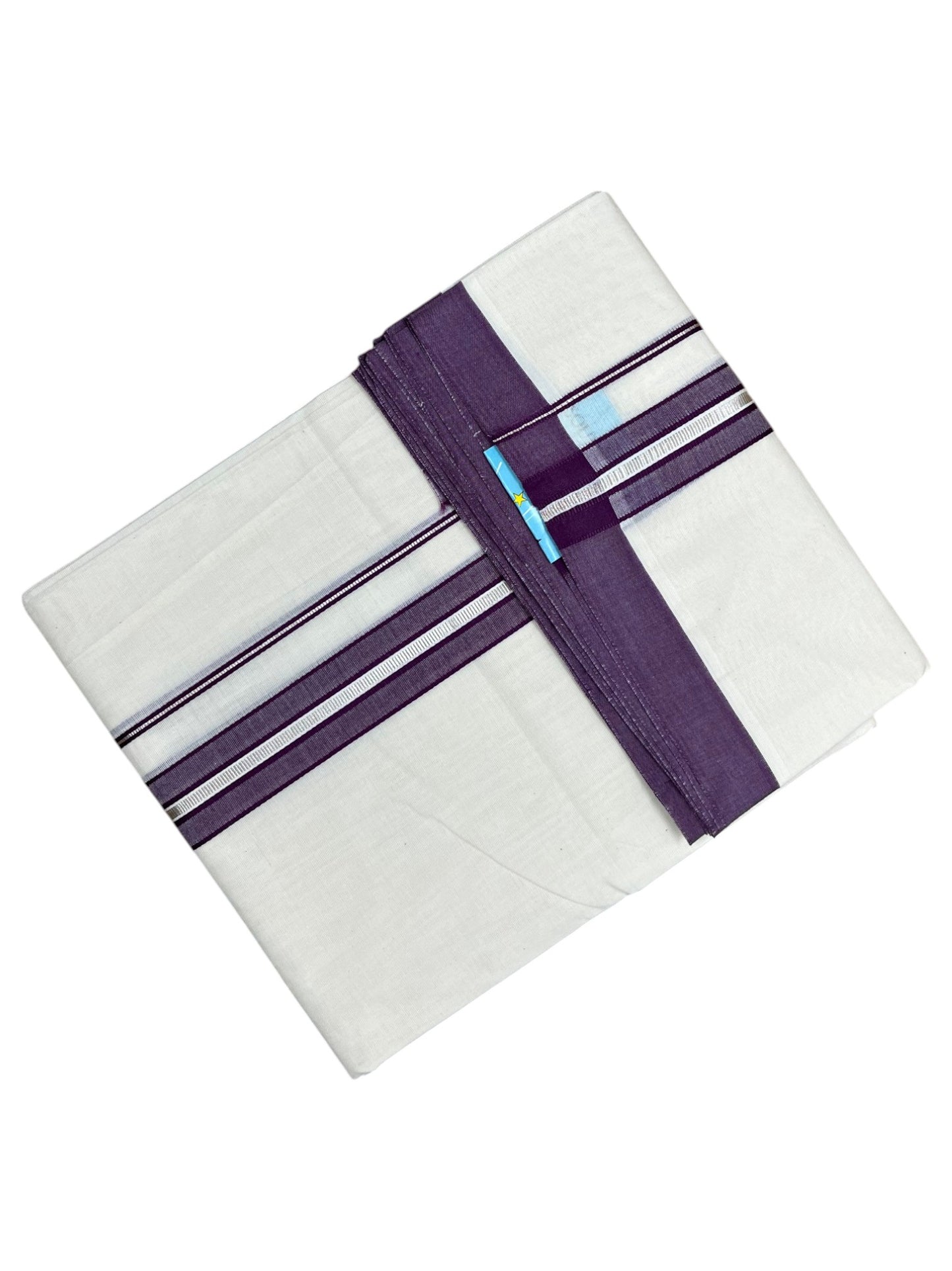 Southloom Pure Cotton Mundu with Silver Lines and Purple Border (South Indian Kerala Dhoti)