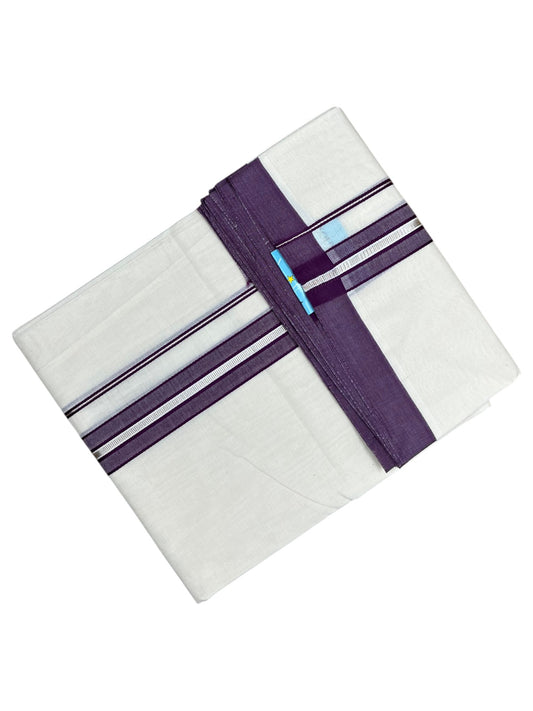 Southloom Pure Cotton Mundu with Silver Lines and Purple Border (South Indian Kerala Dhoti)