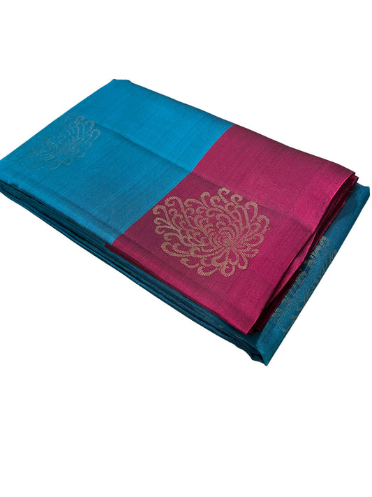 Southloom Pure Handloom Kanchipuram Silk Saree with Butta Work (Blue & Magenta)
