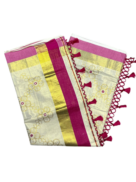 Kerala Tissue Kasavu Stripes Saree with Gold and Pink Floral Embroidery Design on Body