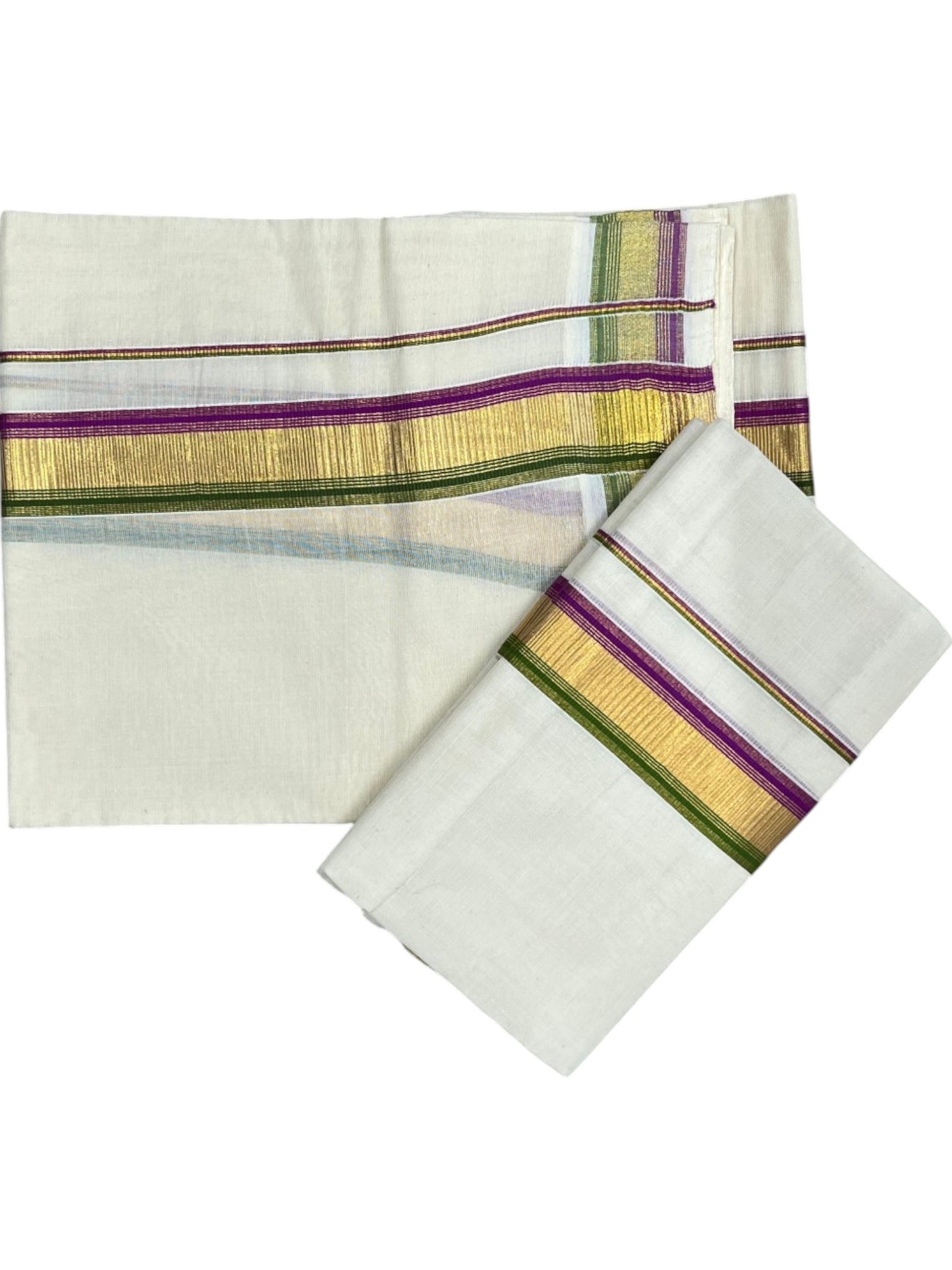 Kerala Cotton Set Mundu (Mundum Neriyathum) with Kasavu and Magenta &Olive Green Border 2.80 Mtrs SLKK SL470