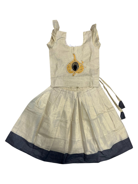 Southloom Kerala Tissue Kasavu Pavada Blouse with Embroidery Work for Kids