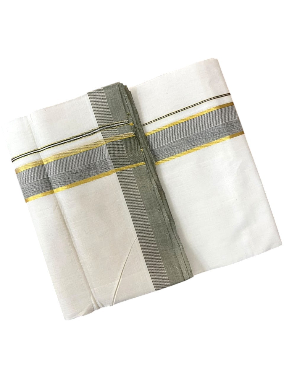 Southloom Balaramapuram Unakkupaavu Premium Handloom Cotton Double Mundu with Gold Kasavu and Olive Green Border
