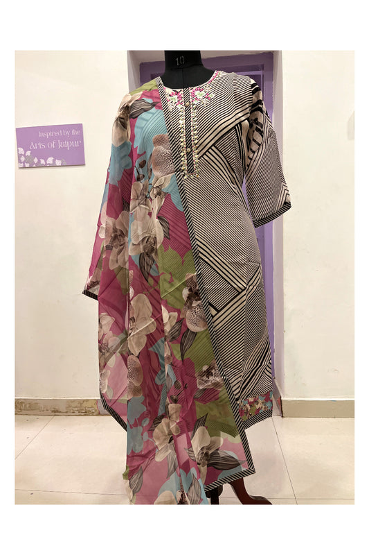Southloom Stitched Organza Salwar Set in Black Brown Lines Designs