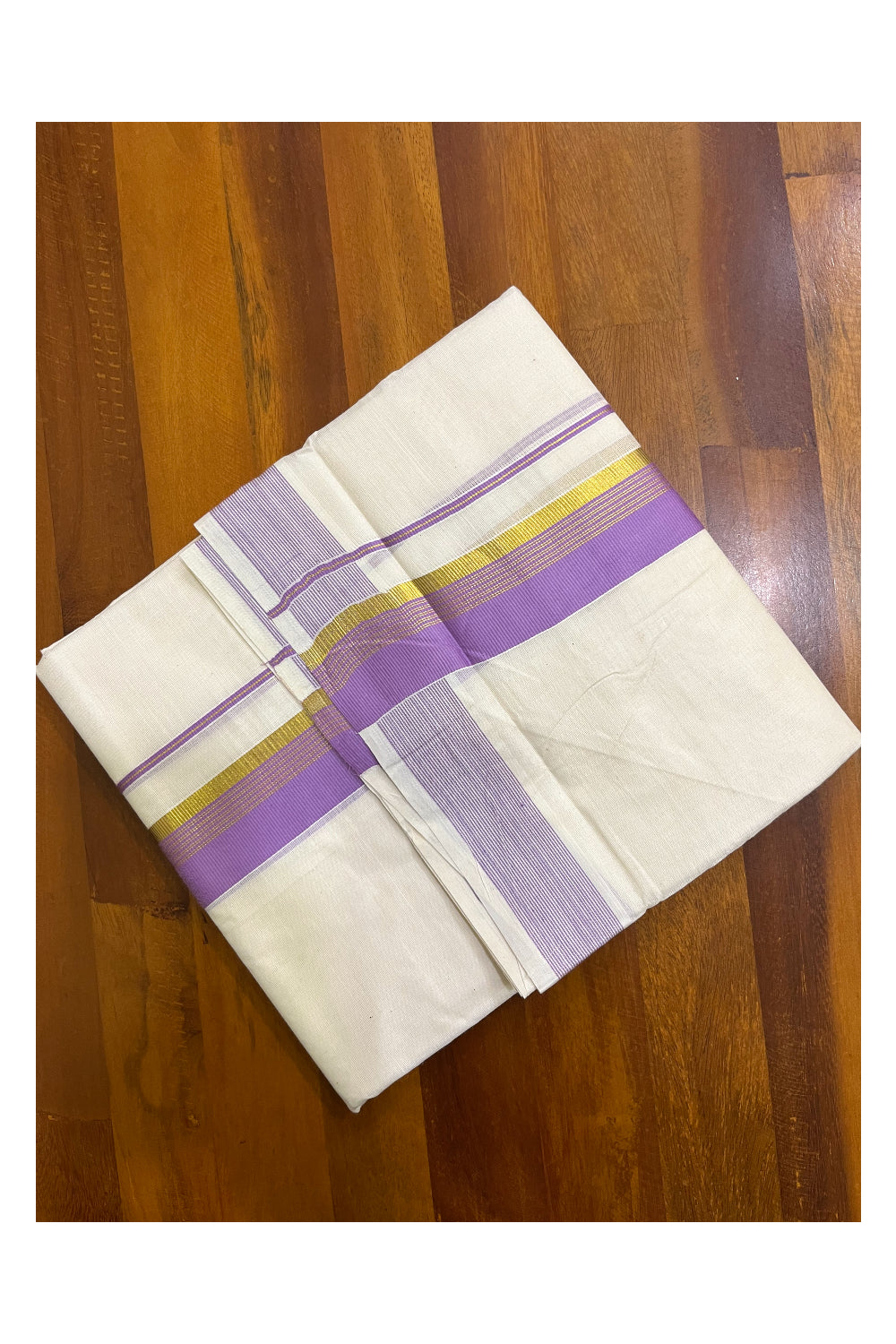 Kerala Pure Cotton Double Mundu with Violet and Kasavu Border (South Indian Kerala Dhoti)