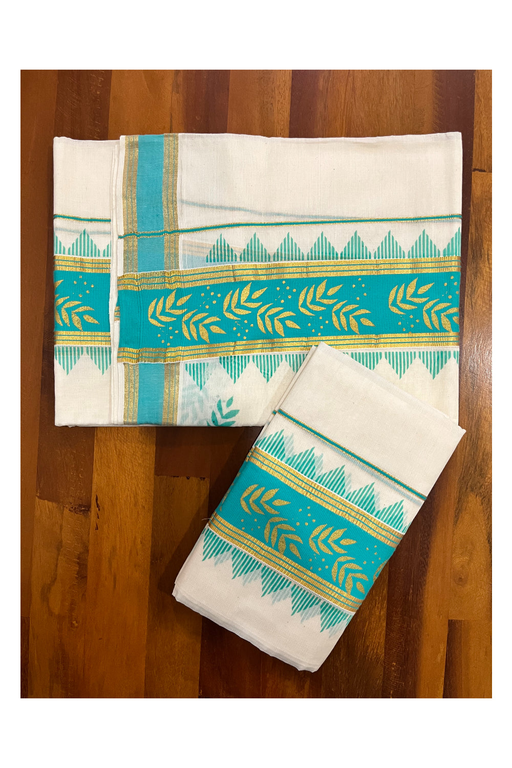 Kerala Pure Cotton Set Mundu Single (Mundum Neriyathum) with Floral Golden Block Prints on Turquoise Border