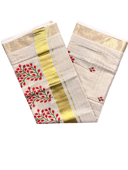 Southloom Tissue Kerala Kasavu Stripes Saree with Floral Embroidery Design