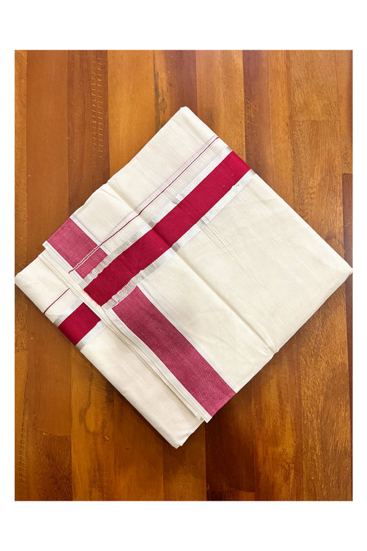 Pure Cotton Double Mundu with Maroon and Silver Kasavu Kara (South Indian Kerala Dhoti)