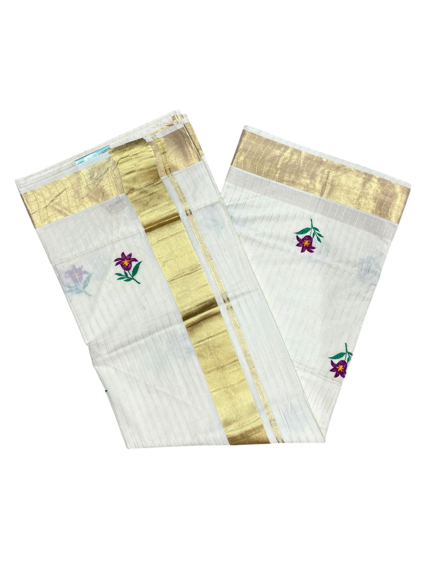 Southloom Kerala Cotton Kasavu Lines Saree with Floral Embroidery Work on Body