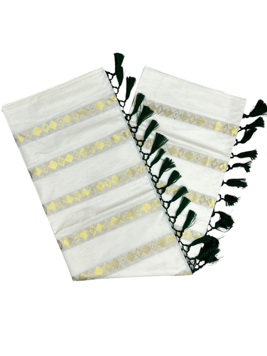 Southloom Kerala Cotton Kasavu Saree with Stripes on Body and Green Tussels