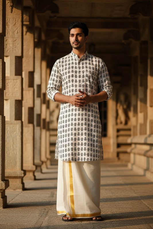 Southloom White Woven Patterns Semi Silk Short Kurta for Men