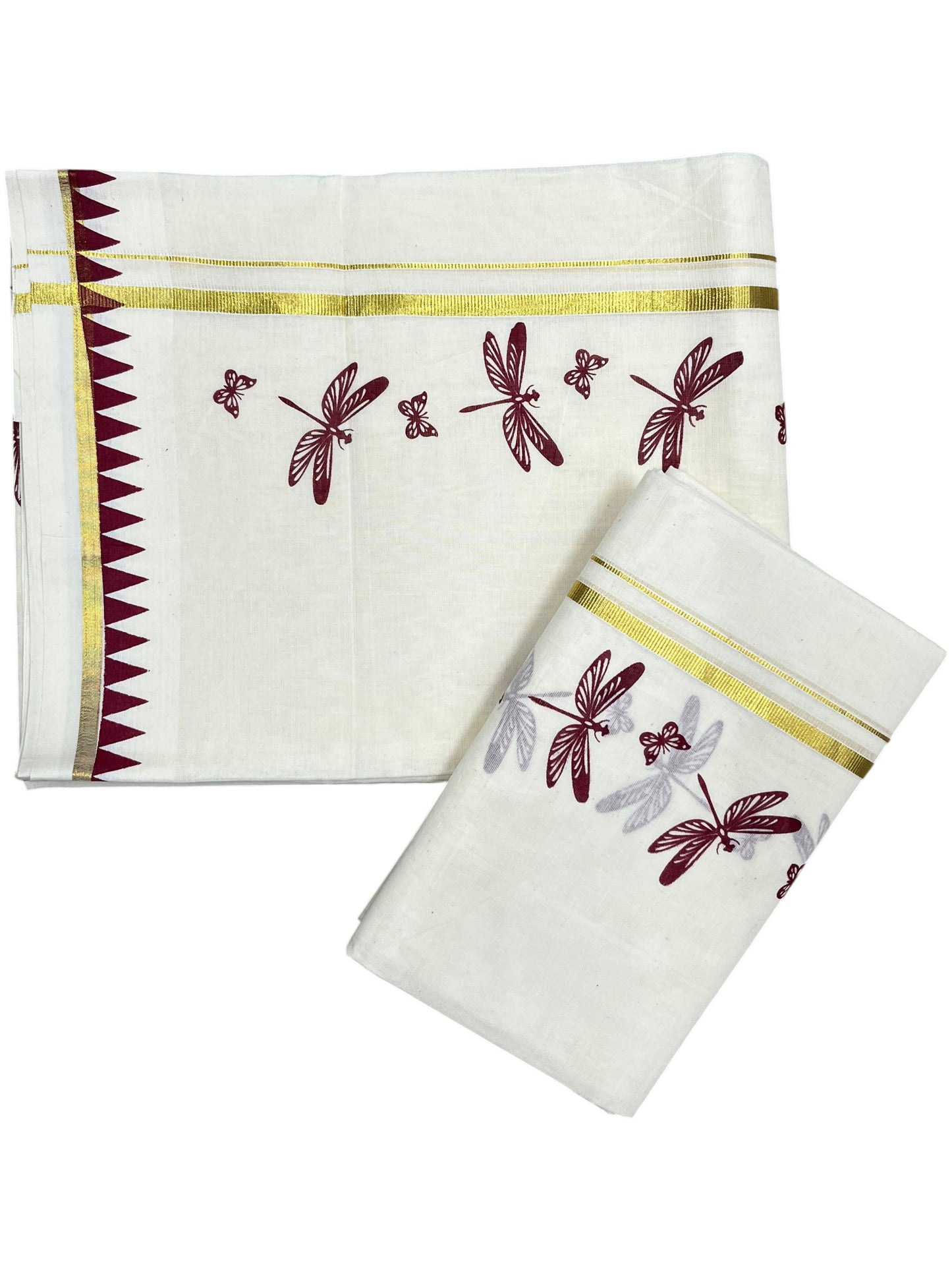 Southloom Kerala Cotton Single Set Mundu (Mundum Neriyathum) with Maroon Thumbi Block Printed Design And Gold Kasavu 2.80Mtrs SL151