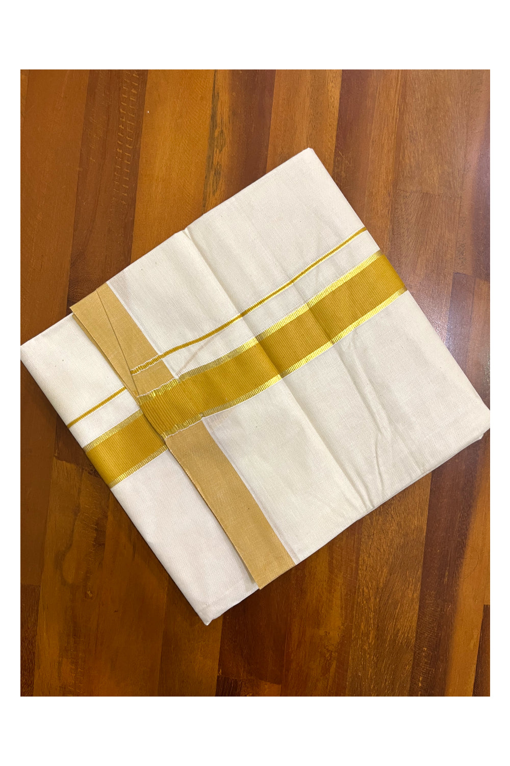 Kerala Pure Cotton Double Mundu with Yellow and Kasavu Border (South Indian Kerala Dhoti)