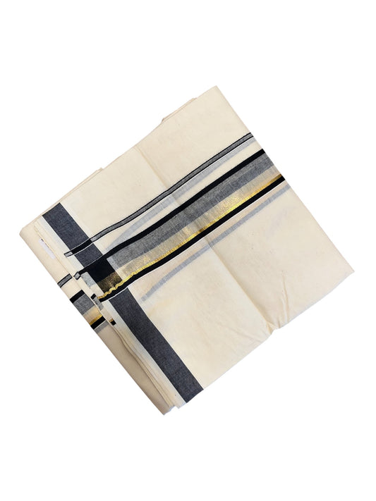 Southloom Pure Cotton  Double Mundu With Gold Kasavu And Black & Gray Border (South Indian Kerala Dhoti)