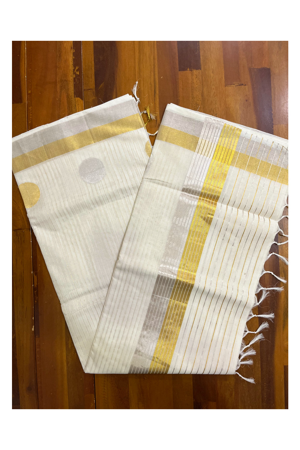 Southloom Premium Handloom Kerala Silver and Golden Kasavu Lines Design Saree with Polka Woven Motifs on Border