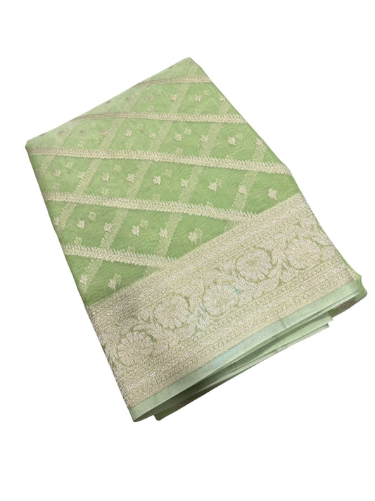 Southloom Cotton Banarasi Silk Saree with Woven Work on Body and Borders(Green)
