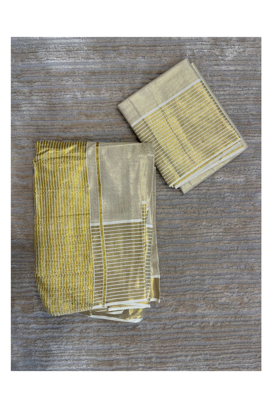 Southloom Ready to Wear Kasavu Kerala Saree with Lines Across Body and Blouse Piece