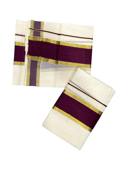 Southloom Kerala Cotton Single Set Mundu (Mundum Neriyathum) with Kasavu and purple Border 2.80Mtrs
