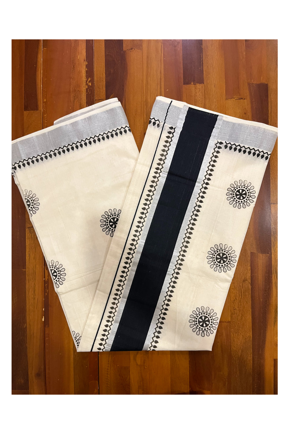 Kerala Pure Cotton Saree with Black Block Prints and Silver Kasavu Border