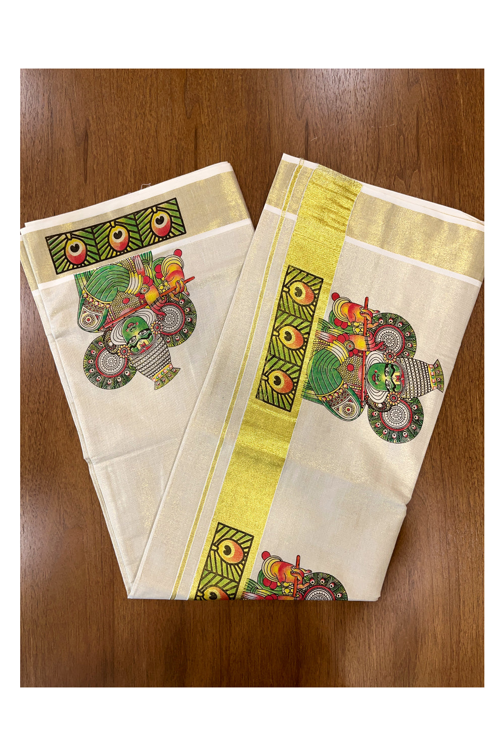 Kerala Tissue Kasavu Saree with Kathakali Mural Prints on Border and Pallu