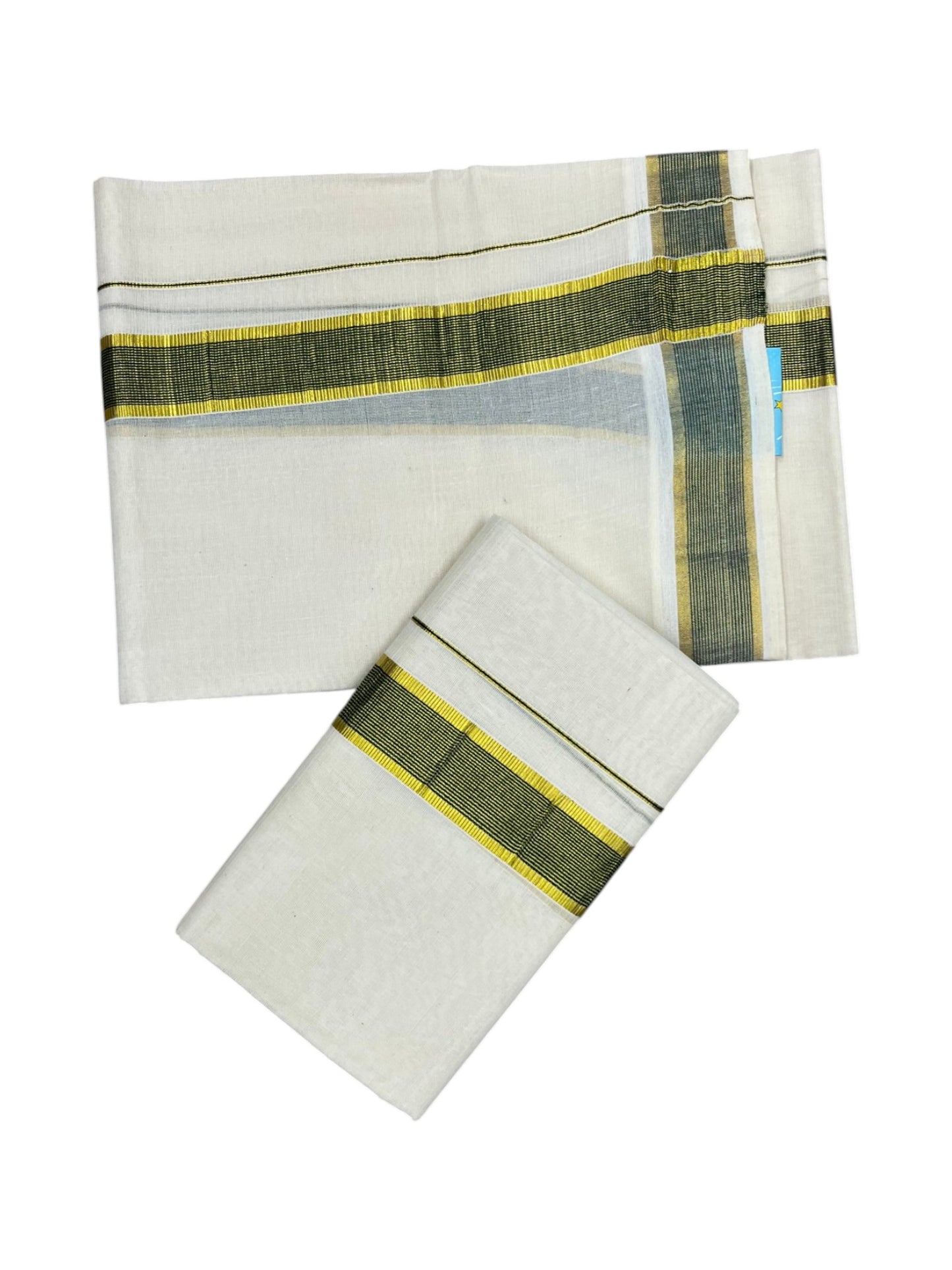 Southloom Pure Cotton Kerala Kasavu Set Mundu (Mundum Neriyathum) Kasavu & Dark Green Border in 2.80 Mtrs