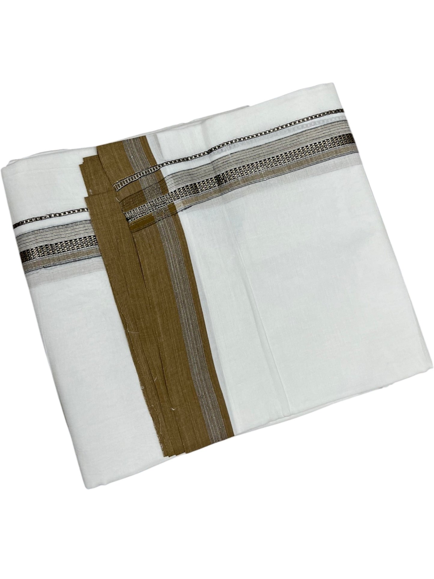 Southloom Pure White Cotton Mundu with Silver Line & Brown Border (South Indian Kerala Dhoti)