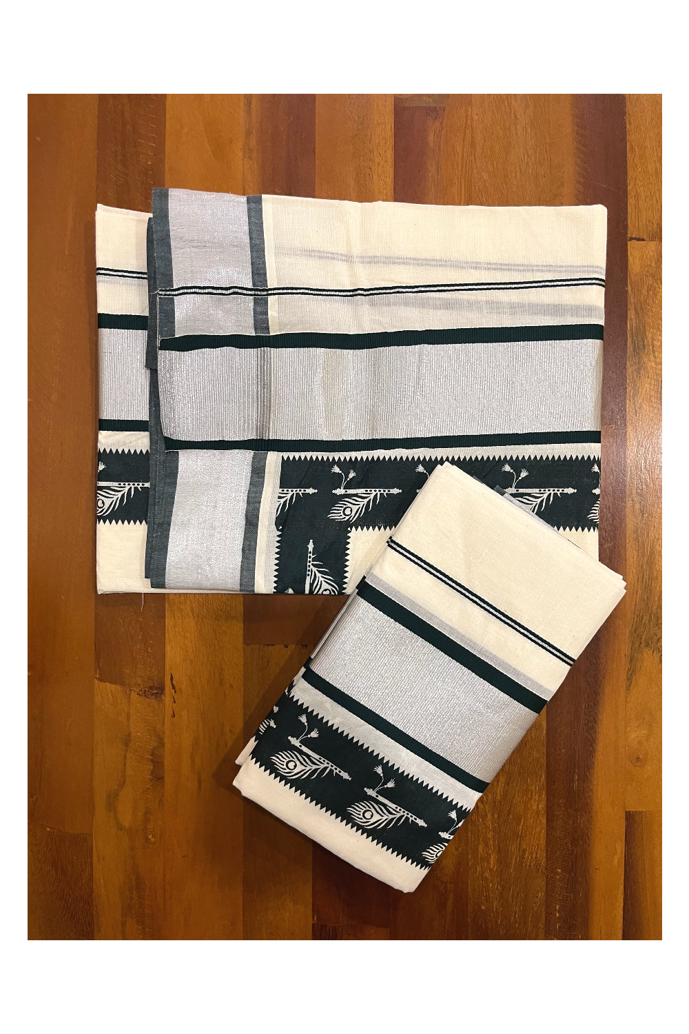 Pure Cotton Kerala Single Set Mundu (Mundum Neriyathum) with Dark Green Block Printed Silver Kasavu Border