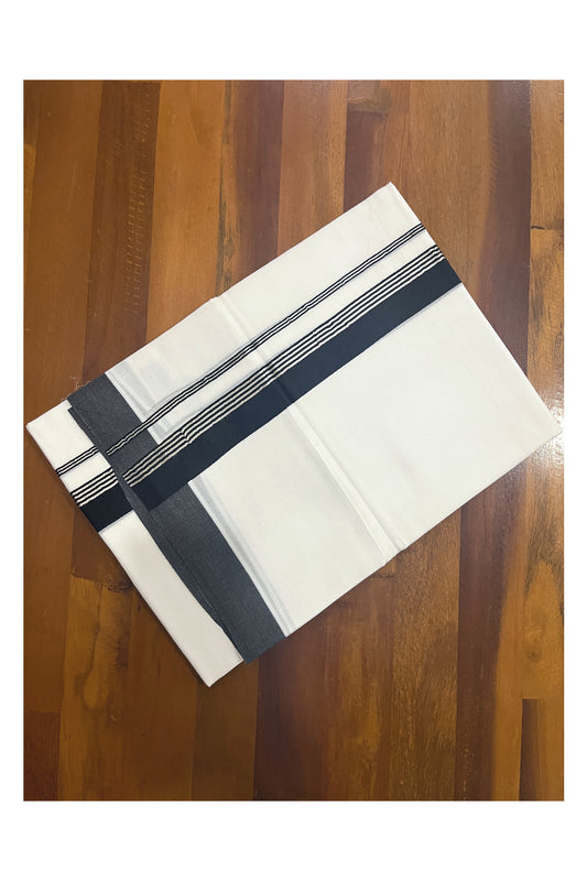 Pure White Cotton Double Mundu with Black and Silver Kasavu Border (South Indian Dhoti)