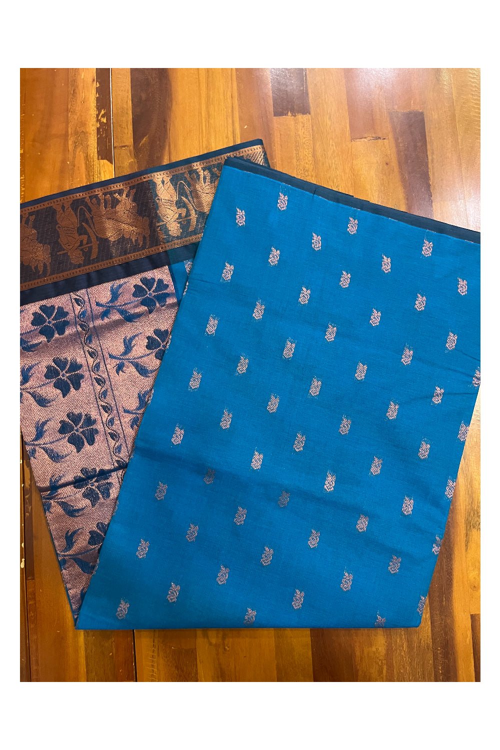 Southloom Cotto Greenish Blue Saree with Woven Butta Works on Body and Heavy Copper Work  on Pallu