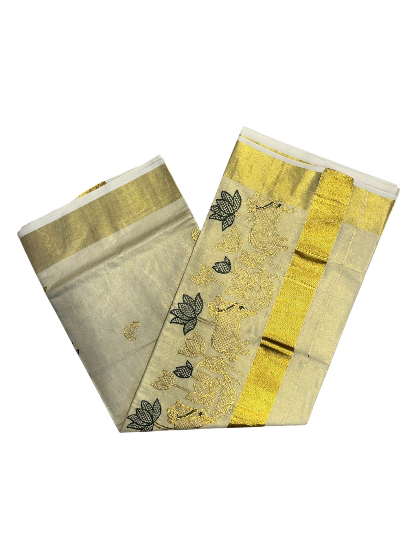 Southloom Tissue Kerala Kasavu Saree with Black & Golden Embroidery Works