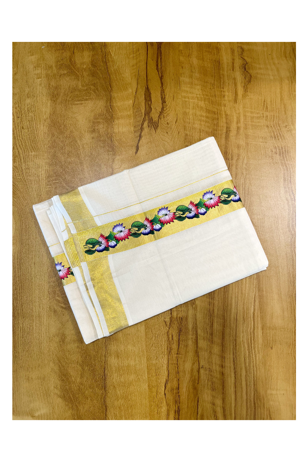 Pure Cotton Off White Double Mundu with Block Prints on Kasavu Kara (South Indian Dhoti)