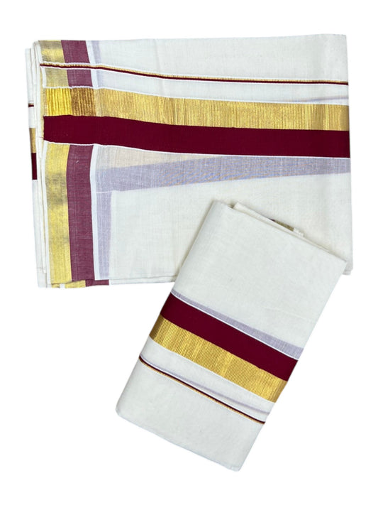 Kerala Cotton Set Mundu (Mundum Neriyathum) with Maroon and Kasavu Border 2.80 Mtrs
