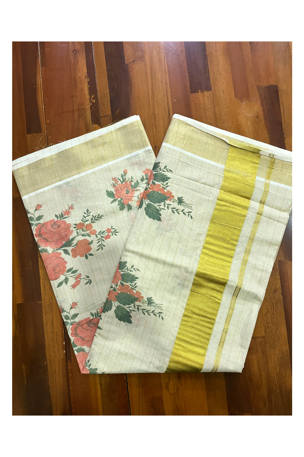 Kerala Tissue Kasavu Lines Design Saree with Floral Prints on Body