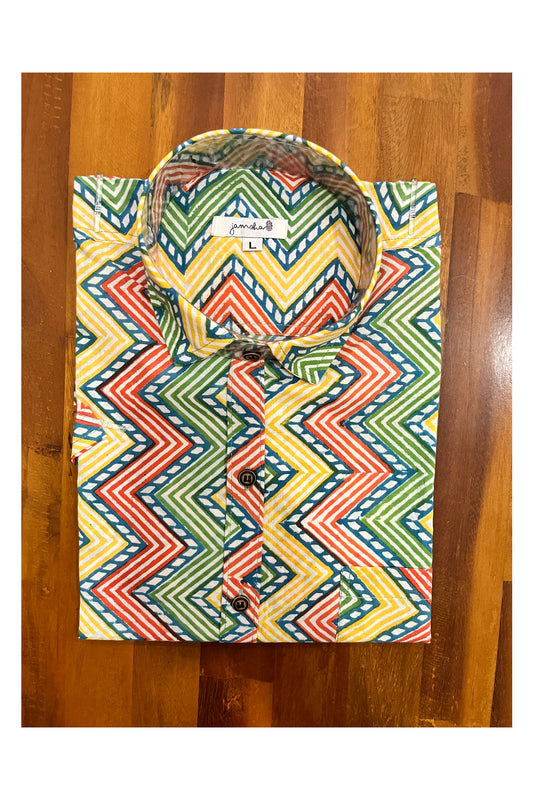 Southloom Jaipur Cotton Multi Colour Zig Zag Hand Block Printed Shirt (Half Sleeves)