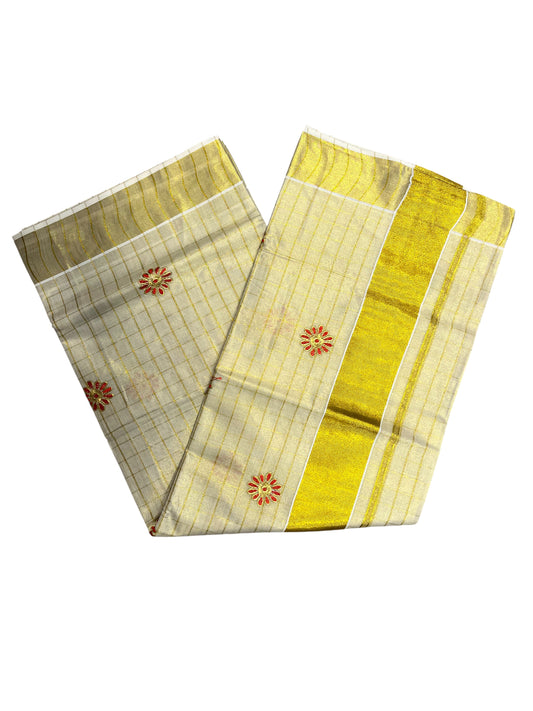 Southloom Tissue Kerala Kasavu Saree with Red Check Floral Print on Border