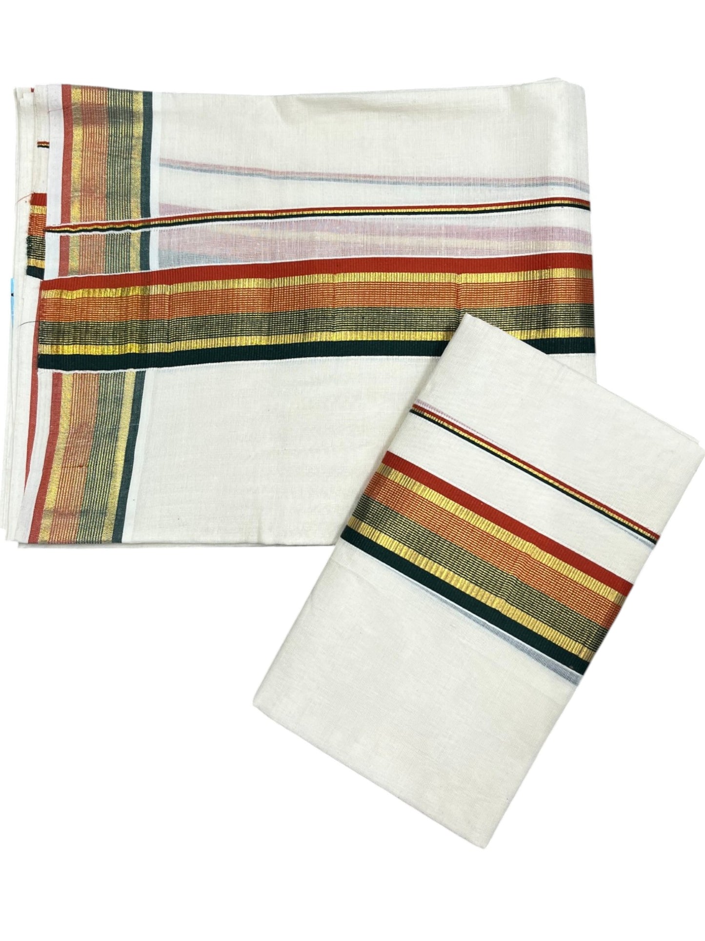 Southloom Kerala Cotton Kasavu Single Set Mundu (Mundum Neriyathum) with Green and Orange Kasavu Border SLKK