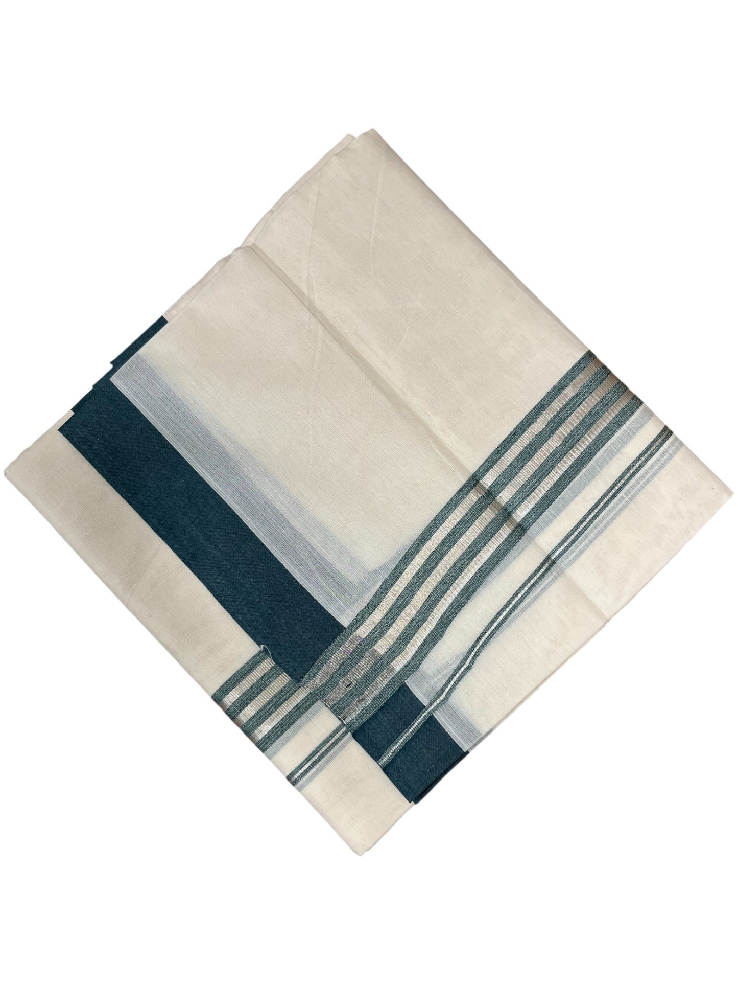 Southloom Kerala Pure Cotton Double Mundu with Green And Silver Lines Border (South Indian Dhoti)