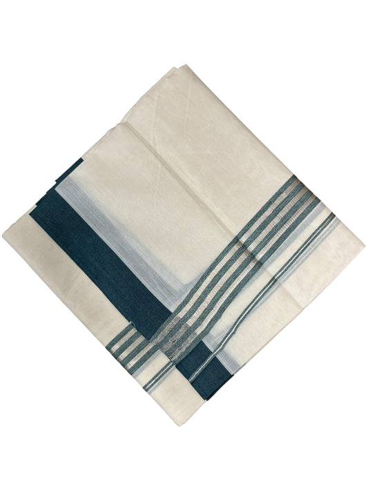 Southloom Kerala Pure Cotton Double Mundu with Green And Silver Lines Border (South Indian Dhoti)