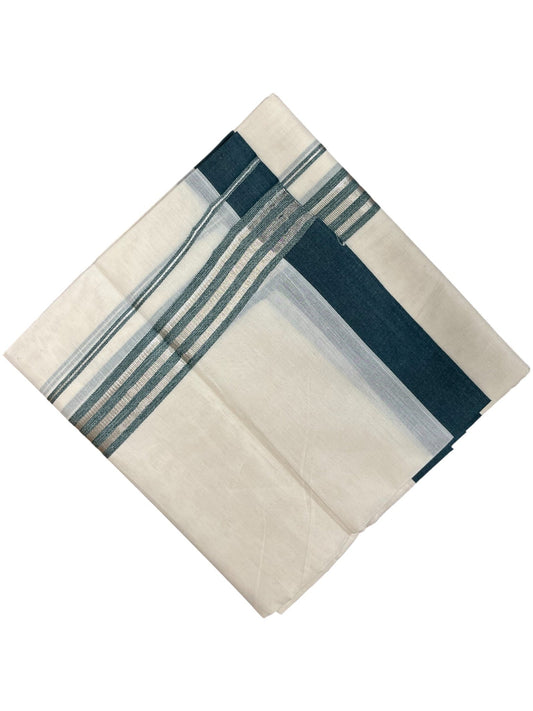 Southloom Kerala Pure Cotton Double Mundu with Green And Silver Lines Border (South Indian Dhoti)