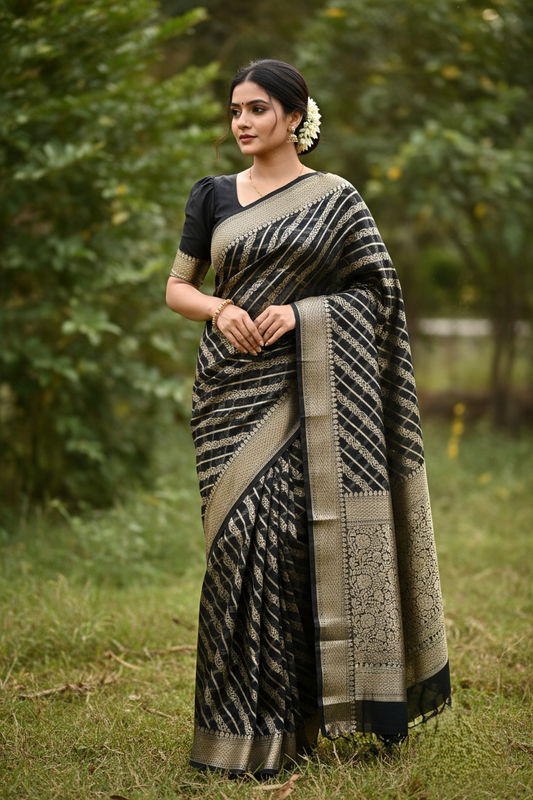 Southloom Cotton Banarasi Silk Saree with Woven Work on Body and Borders (Black)