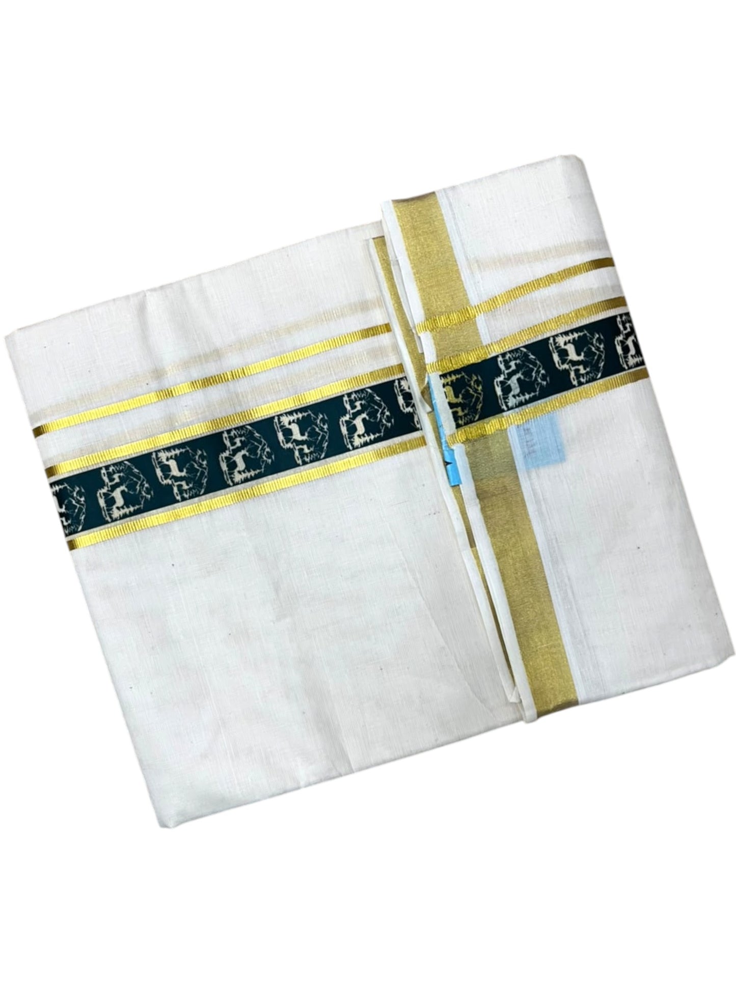 Southloom Pure Cotton Double Mundu with Green Block Printed And Ksavu Border (South Indian Kerala Dhoti)