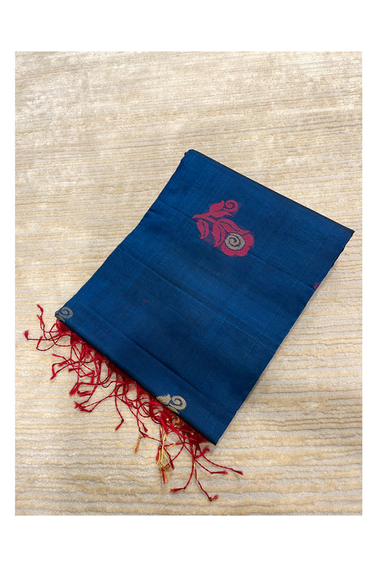 Southloom Pure Handloom Cotton Silk Saree With Handwoven Work Across Body and Blouse in Blue And Maroon