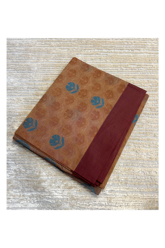Southloom Kerala Cotton Saree with Floral Woven Works Across Body in Brown