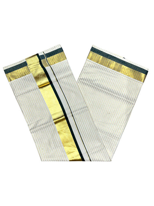 Southloom Pure Cotton Kerala Saree with Gold Kasavu Lines Across Body and Dark GreenBorder
