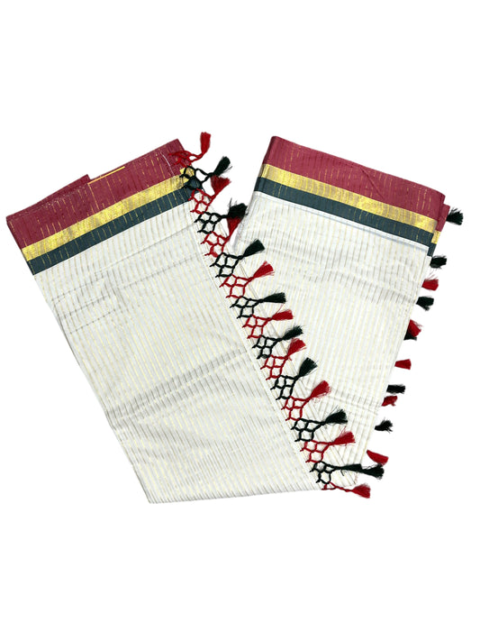 Southloom Cotton Kerala Kasavu Saree with Stripes on Body and Red & Green Border with Tussels