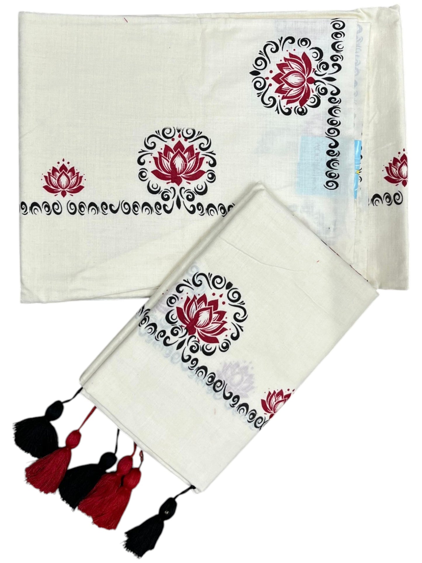 Southloom Kerala Cotton Single Set Mundu (Mundum Neriyathum) with Red &Black Lotus Block Printed Design